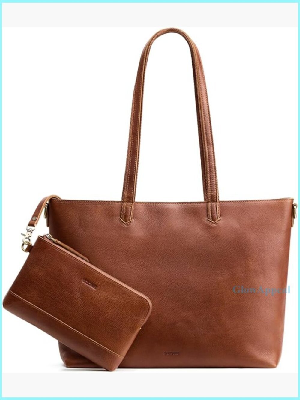 Large Leather Tote Bag with Detachable Pouch, Adjustable Strap, Laptop